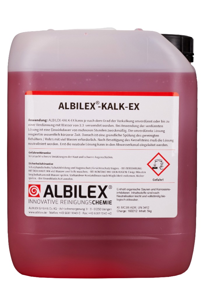 Kalk, Albilex, Kalk ex, Kalklöser, Kalklösemittel, Entkalk, entkalkung, entkalken, Wärmetauscher, Kupfer, Messing, Edelstahl